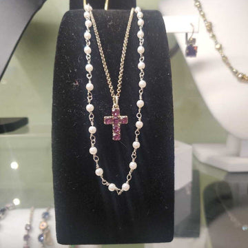 Silver Amethyst Cross Double Chain Necklace
