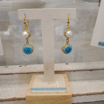 Blue Cabochon/Pearl Gold Earrings