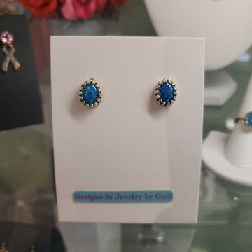 Silver Blue Oval Opal Earrings