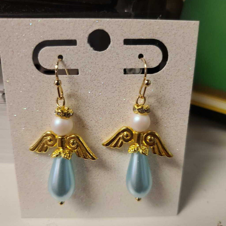 Large Blue Pearl Teardrop Angel Earrings