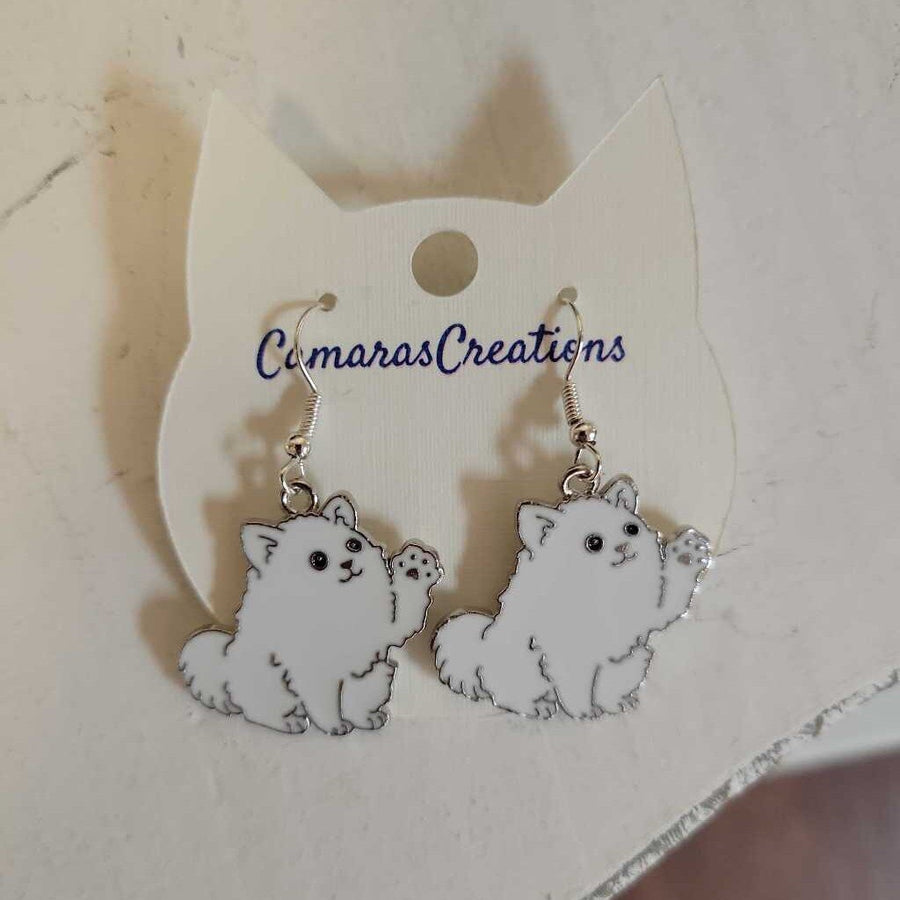 Earrings Dog Waving White Fluffy