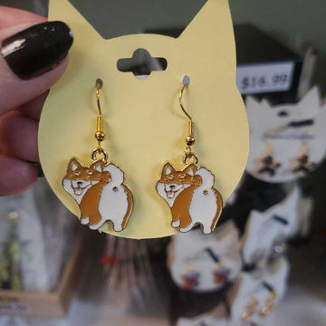 Earrings Dog Corgi Butt Brn/W