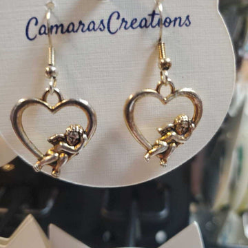Earrings Hearts w/Angels Silver