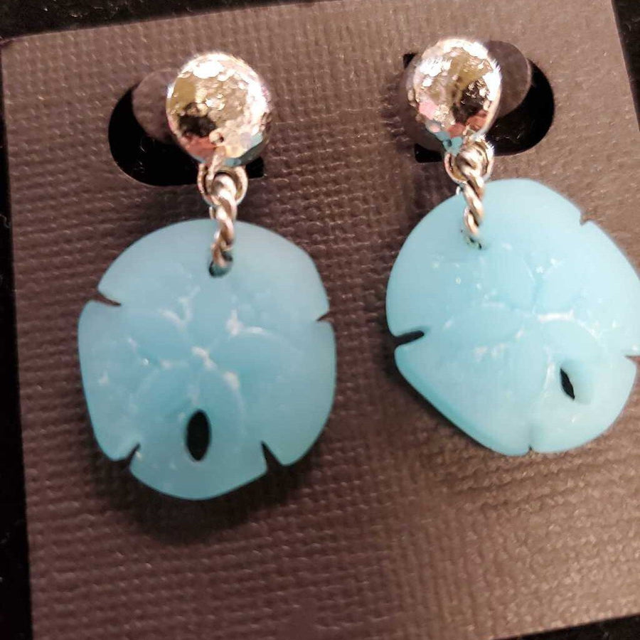 Blue Sea Glass Sand Dollar Earrings