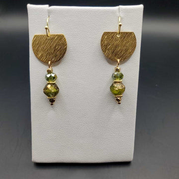 Gold Shield Hanging Earrings (Green)