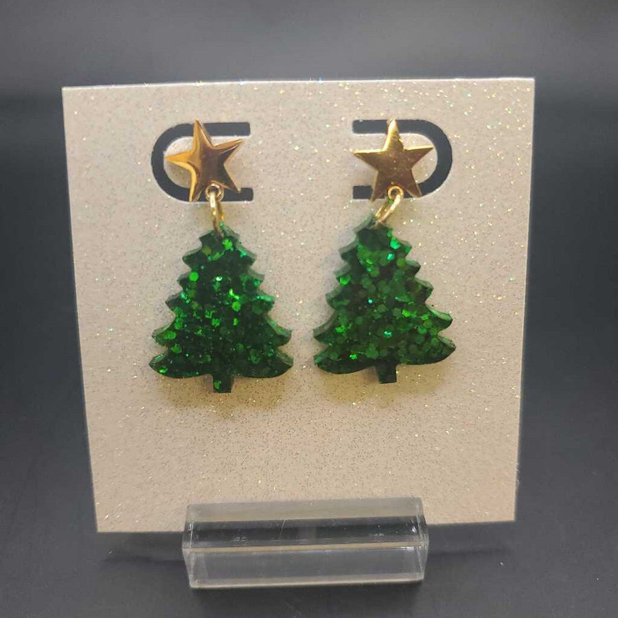Small Resin Green Christmas Tree Earrings